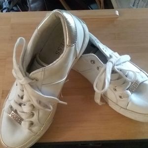 White and gold guess running shoes